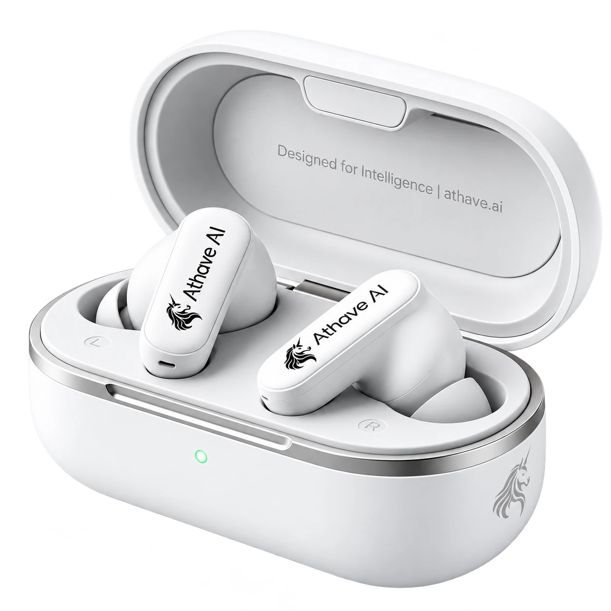 Athave AI white wireless earbuds on a pure white background